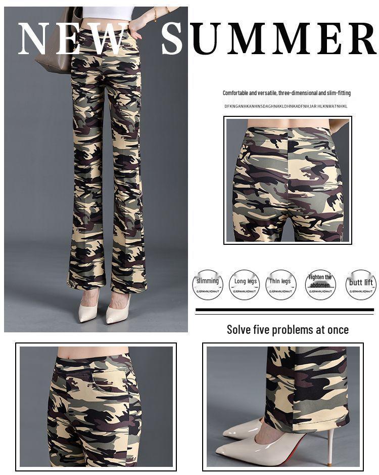 Women's Camouflage Army Green Micro-Flare Pants - Slim Fit, Plus Size, Versatile, Casual, Summer Style