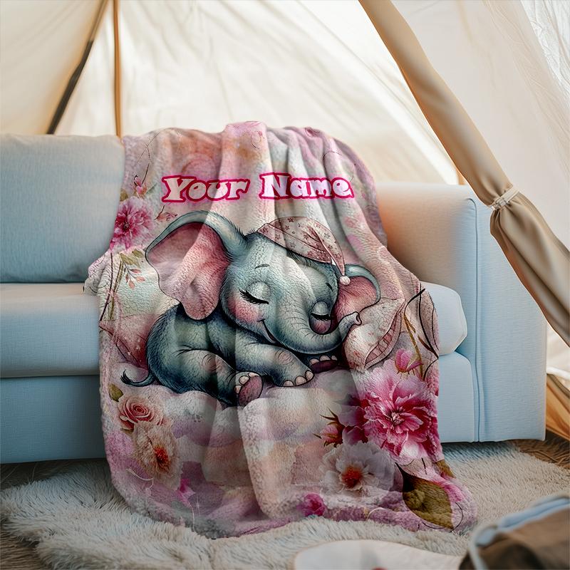 1PC Custom Name Elephant Dreams Flowers flannel blanket versatile,all-season throw suitable for the living room,bedroom,camping,travel,and gift