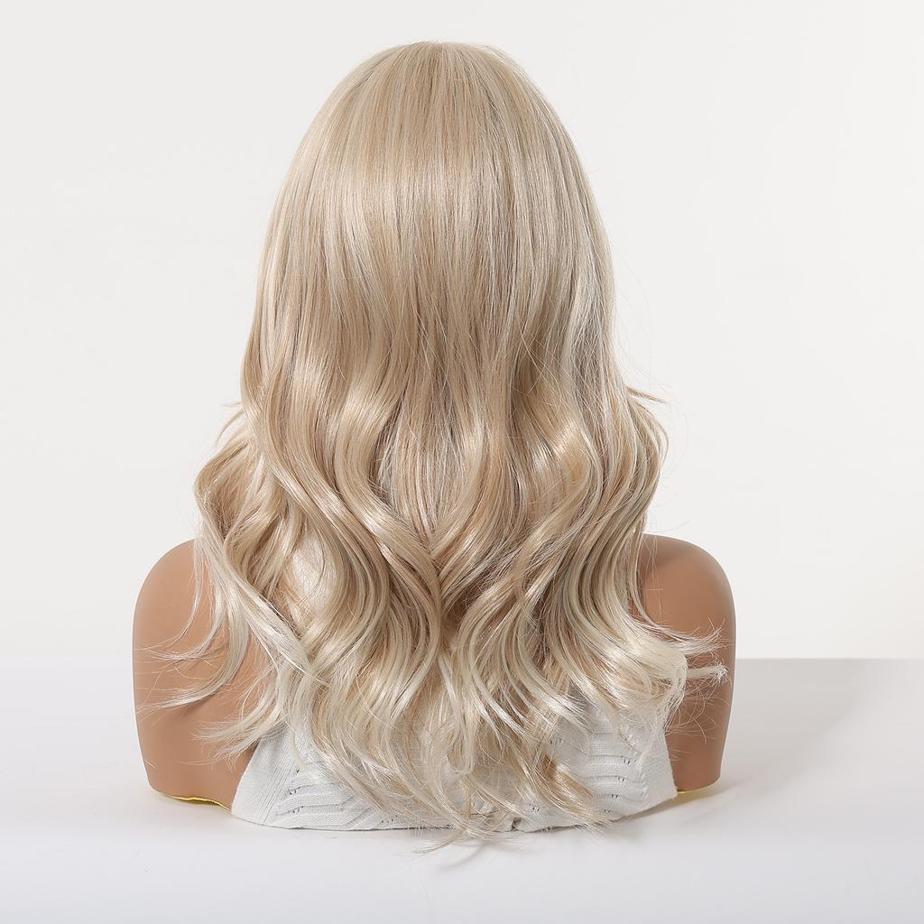 16inch Long Blonde Body Wavy Synthetic Wigs with Bangs for Women Heat Resistant Natural Hairs Wig for Daily Cosplay Party Wear