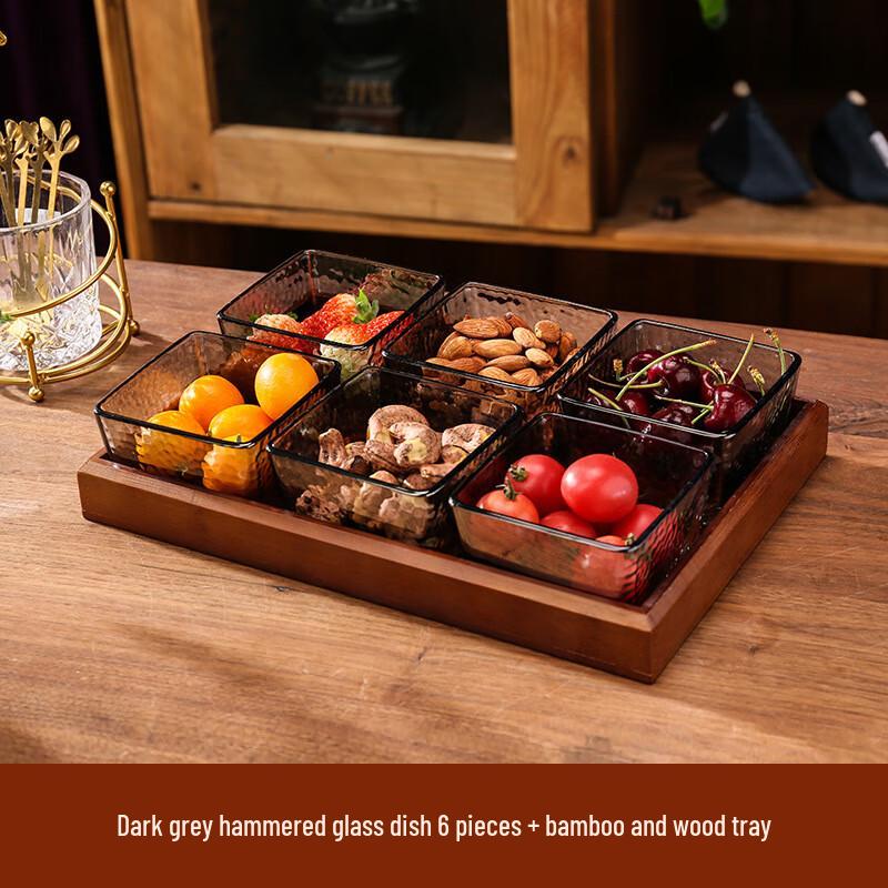 

Hammered Glass Divided Serving Plate Set with Bamboo Tray 6 Dishes + Bamboo Tray