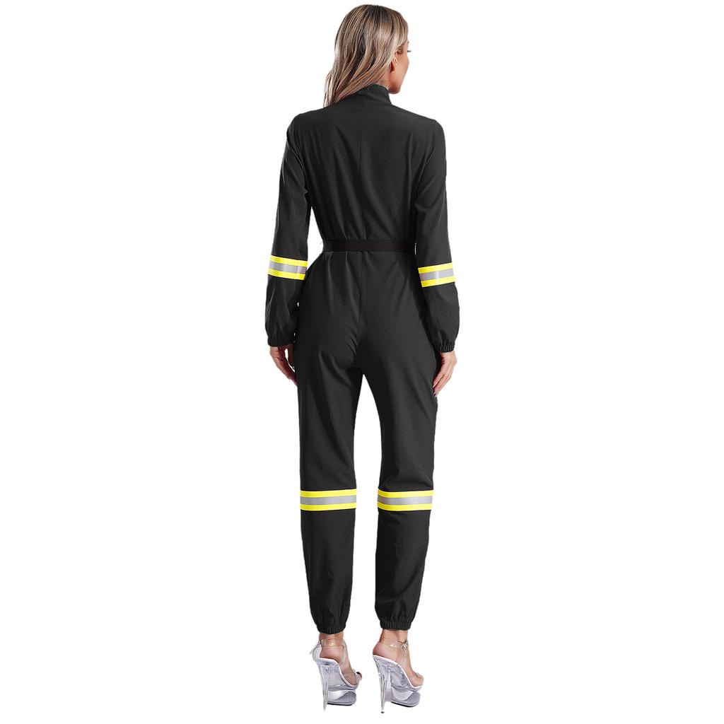 Damski Romper Cosplay Strażak na Halloween Kołnierzyk Stojący Długi Rękaw Zapięcie na Zamek Błyskawiczny z Przodu Kombinezon Pasek