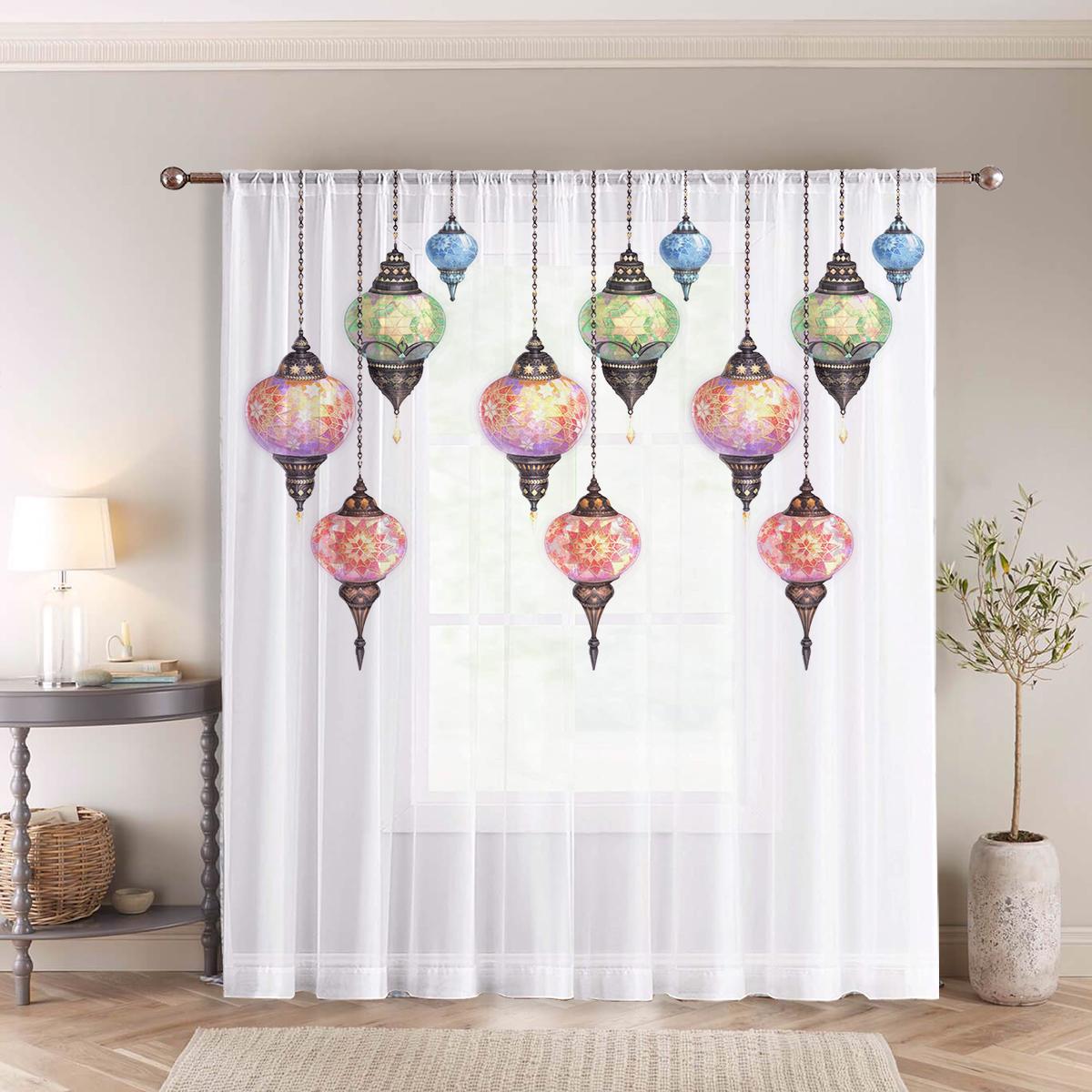 

Single Panel Iridescent Glazed Lantern Curtain Gorgeous Ramadan Pole Mounted Festive Atmosphere Decorative With Light Filtering Polyester W100*H70(CM)-Rod Pocket&1PCS