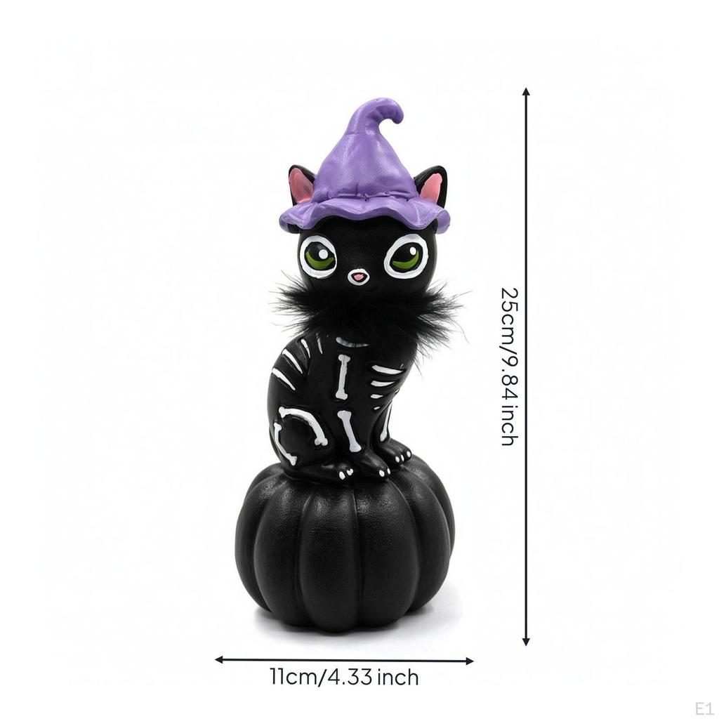 Cat Pumpkin Figurine Decorative with Witch Hat Spooky Tabletop Decor for Decorators,