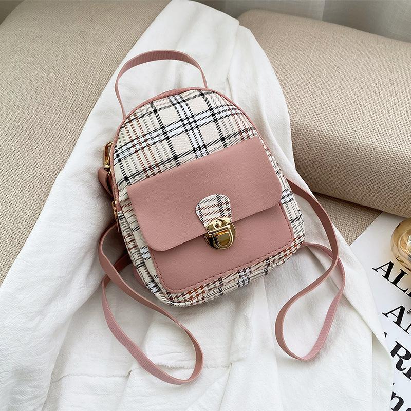 Women's Bag Printed Plaid Lock Backpack Portable Oblique Span Removable Contrasting Bag