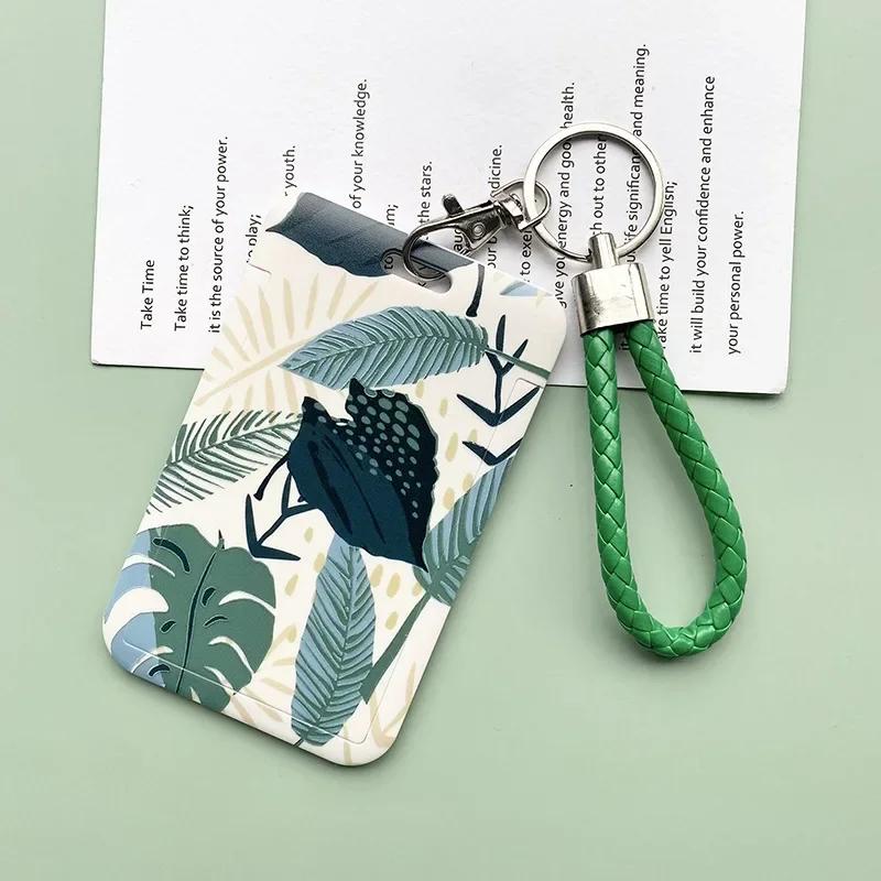 

Women Green Cards Protecting Credit Card Holder with Lanyard String Student Plant Print Bus ID Name Badge Plastic Card Cover