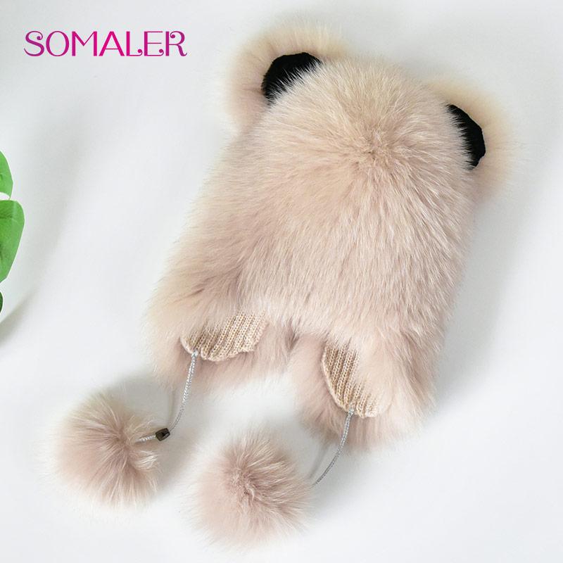 

SOMALER шапка-ушанка из натурального лисьего меха с ушками, женские зимние теплые пушистые стильные шапки, модные шапки из натурального меха с медвежьими ушками и меховым помпоном хаки