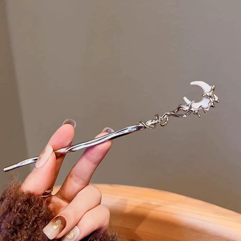 2PCS New Chinese Style Moon Hairpin Female Design Clear and Cold Hair Accessories Modern Simple Pan Hairpin Female