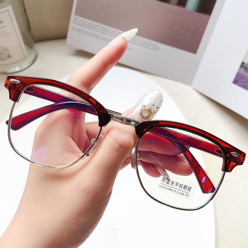 

3016 Плоские очки Оправа для очков Полуоправа Большая оправа Ретро Рисовые ногти Миопия Мода Анти-синий свет White flat anti-blue light (blue-plated film)