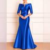 Womens Satin Evening Dress Long Sleeve Bow A-line Elegant Gown Party