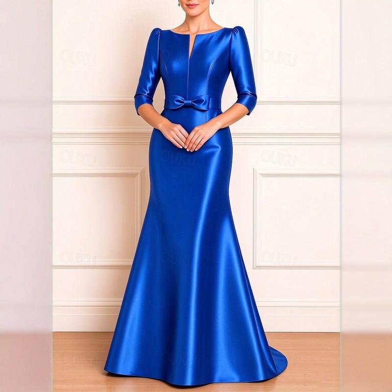 Womens Satin Evening Dress Long Sleeve Bow A-line Elegant Gown Party