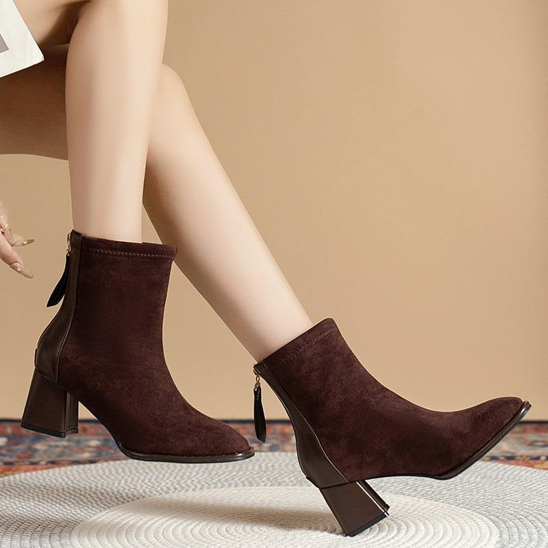 Fashion Block Heel Suede Mid Heel Skinny Square Toe Booties New Winter New Back Zip High Heel Stretch Boots