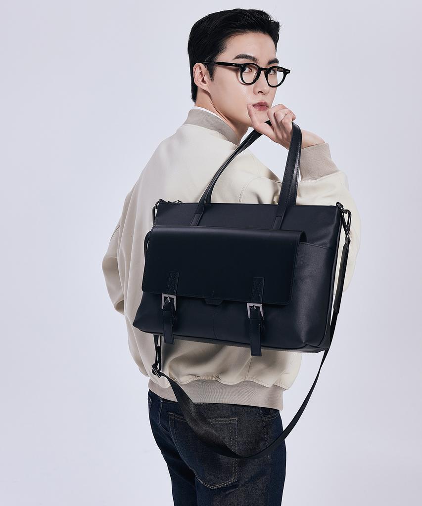 Bedford11Th Polygon Double Belt 2-Pocket Top Zip Tote [Black]