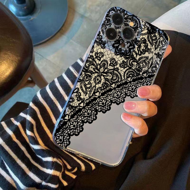 Black Lace Phone Case for iPhone 17 Air 16 15 14 13 12 11 Pro Max Plus Mini X 8 7 Soft Transparent Cover Fundas Accessory