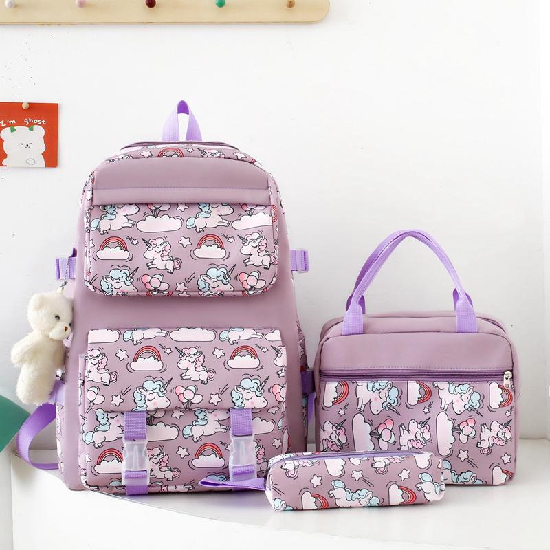 School bag new lightweight nylon backpack female cute cartoon three-piece set primary school students large-capacity school bag, fashionable