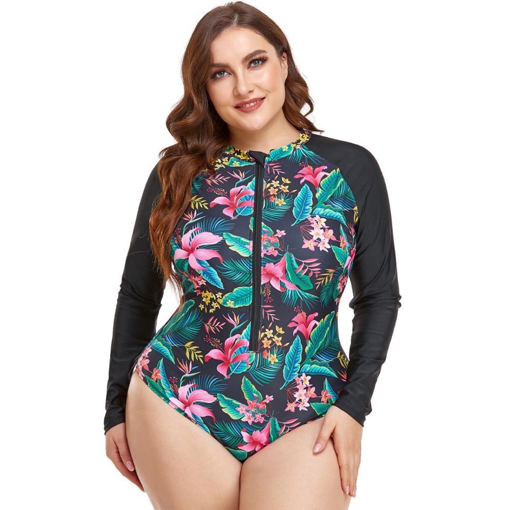 Large-size Long-sleeved Women's Swimwear Round Neck Zipper Print Splicing One-piece Swimsuit