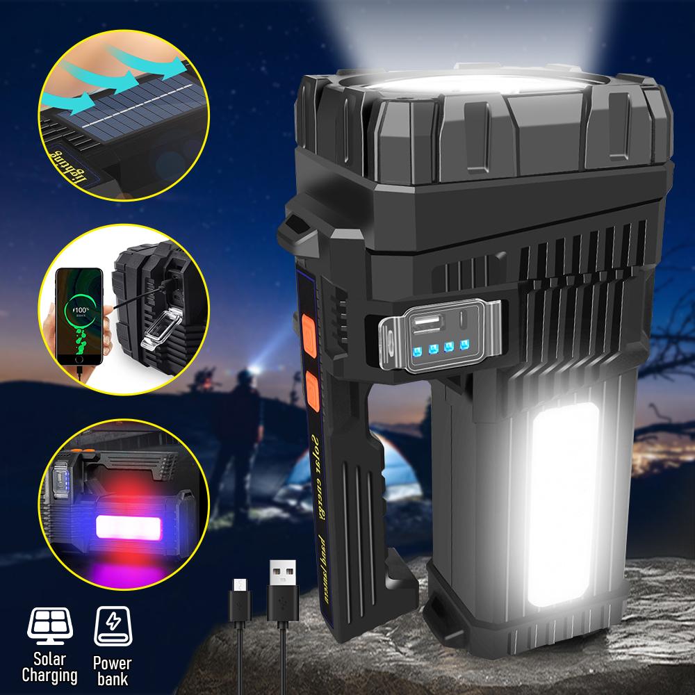 Solar Energy High Power LED Flashlight Type-C Rechargeable Strong Light Lamp Waterproof For Outdoor Camping Hiking