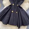Summer V-neck Sleeveless Double Breasted Dress with Women's Niche Design High Waist A-line Vest Dress