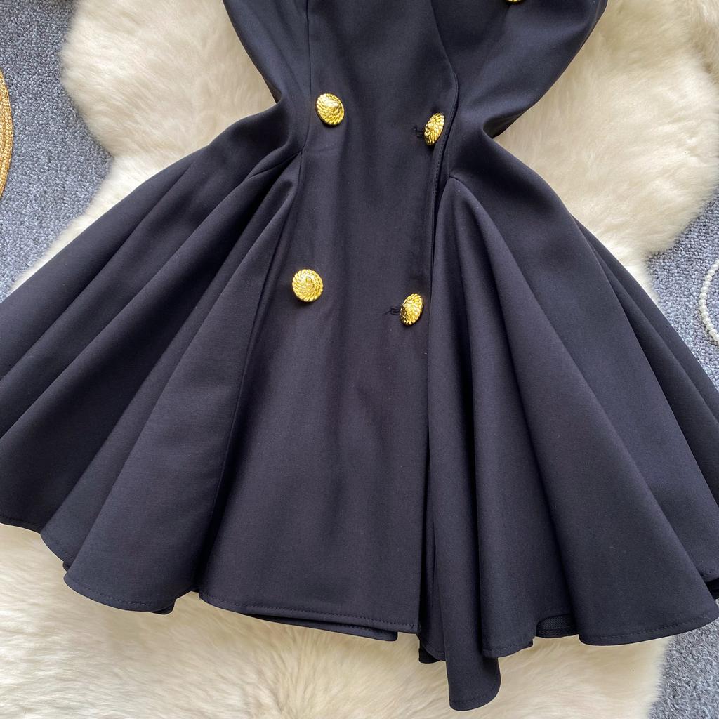 Summer V-neck Sleeveless Double Breasted Dress with Women's Niche Design High Waist A-line Vest Dress