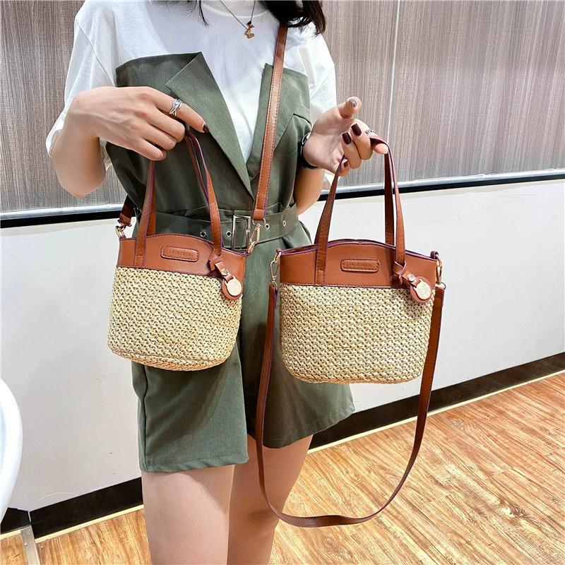 Stylish Woven Crossbody Bag for Women Casual Deep Brown PU Beach Bucket Bag with Polyester Lining and Zip Closure Grass Weaving Handbag