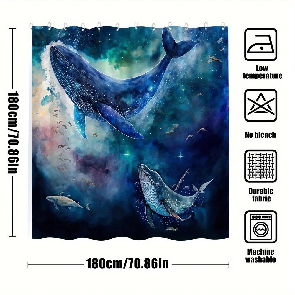 1pc Celestial Whales Bath Curtain - Cosmic Ocean Design with Blue Starry Creatures & Nebula Background, Ethereal Marine
