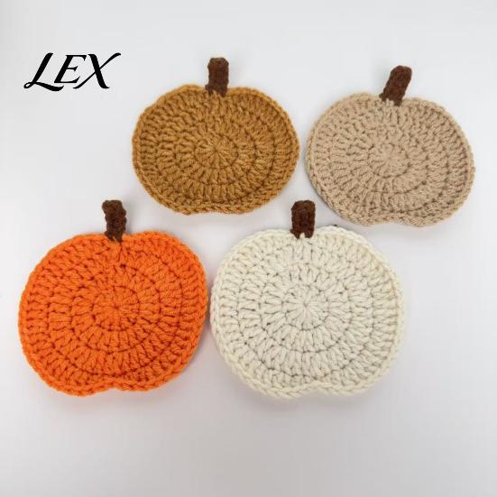 Crochet Pumpkin Cushion Handmade Coasters, Soft Polyester Coffee Mats, Heat Resistant Drink Mats Autumn Themed Farmhouse Dining Accessories