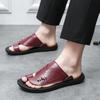 Fashion Men's Summer New Sandals and Slippers Men's Leather Sandals Adult Breathable Beach Shoes Non-slip Open-toe Leather Sandals Flat
