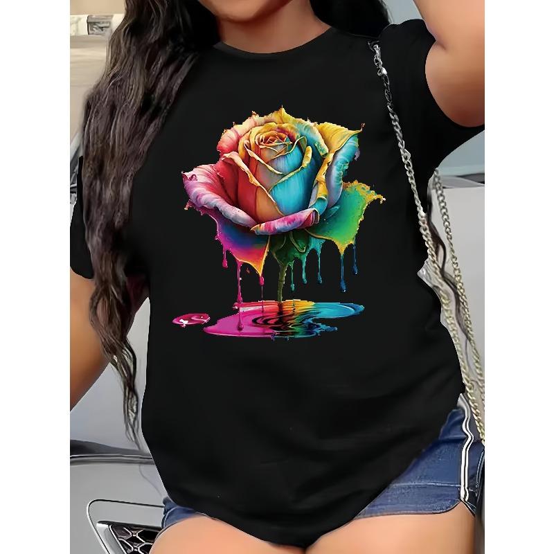 European Size Womens Plus Size Casual Short Sleeve T Shirt Vibrant Orange Geometric Print Breathable Stretch Fabric Round Neck