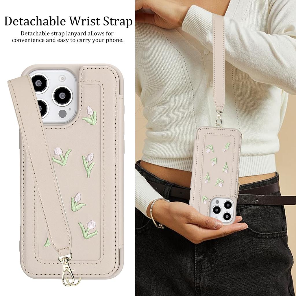 For iPhone 16 Pro Max Case Embroidered Tulips PU Leather Card Holder Back Cover with Shoulder Strap/Wrist Strap