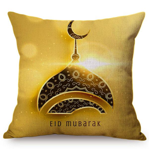 Cotton Linen Sofa Throw Pillow Case, Classic Islam Ramadan Kareem Decoration, Mosque Castle And Moon Pattern, Yellow