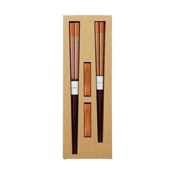 Ethical Wooden Chopsticks Set - Thread Design, Couple s Chopsticks with Chopstick Rests, Made in Japan (Fukui Prefecture) - Natural Wood with