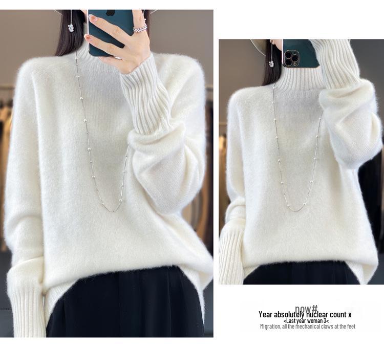 Women's High Neck 100% Wool Sweater - Loose Knit, Thick, Versatile, Cozy Base Layer for Autumn & Winter