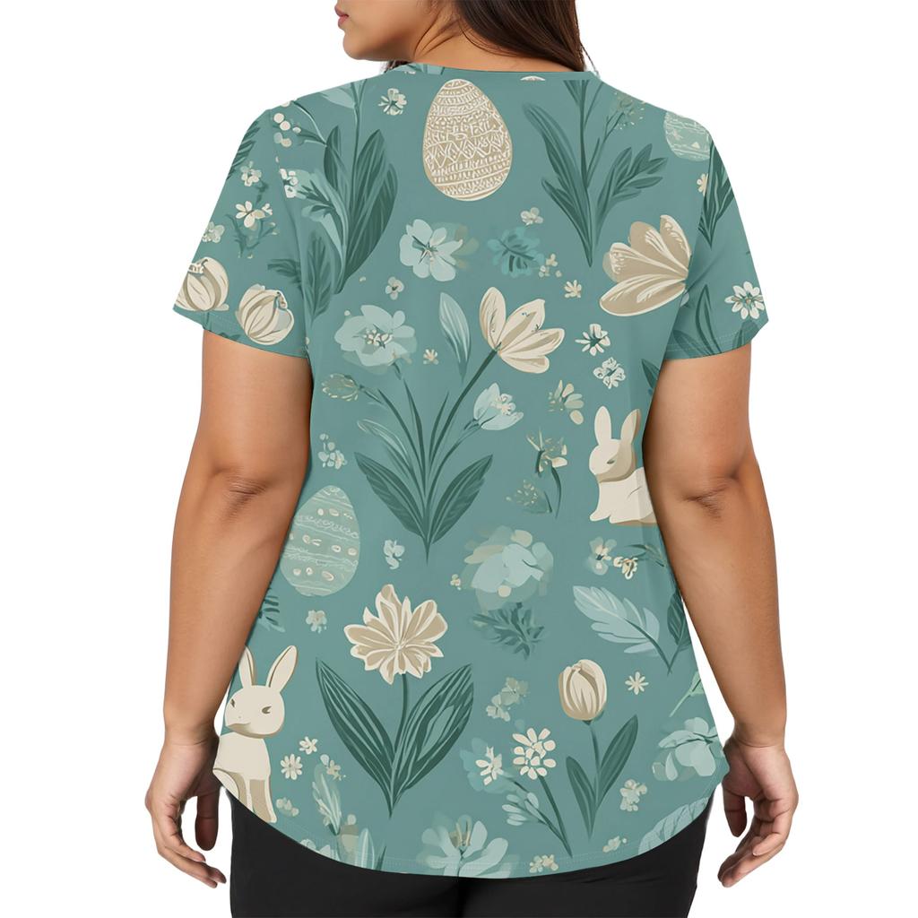 Modisches Damen-Arbeitstop mit V-Ausschnitt und kurzen Ärmeln, mit doppelten Seitenschlitzen und Taschen, featuring Osterhasen- und Eierdrucken.