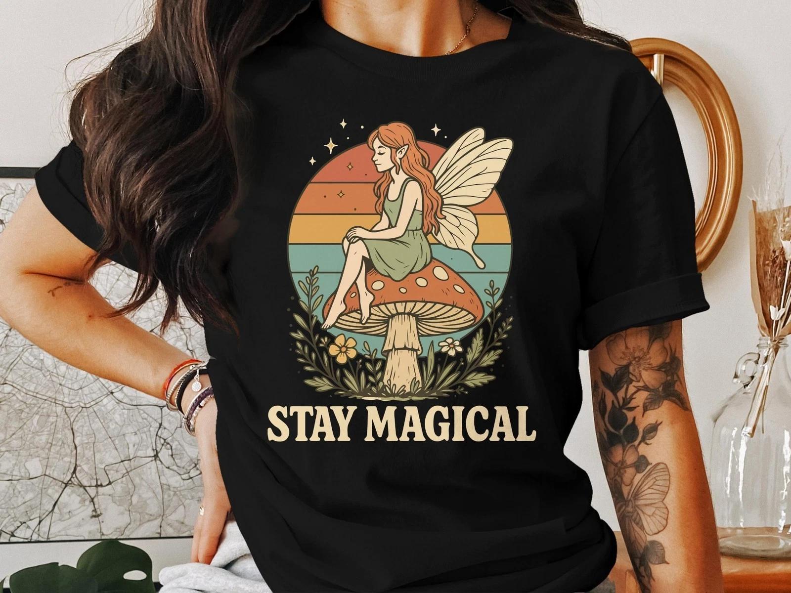 Stay Magical Fairycore T-Shirt, Aesthetic Cottagecore Graphic Tee for Women S