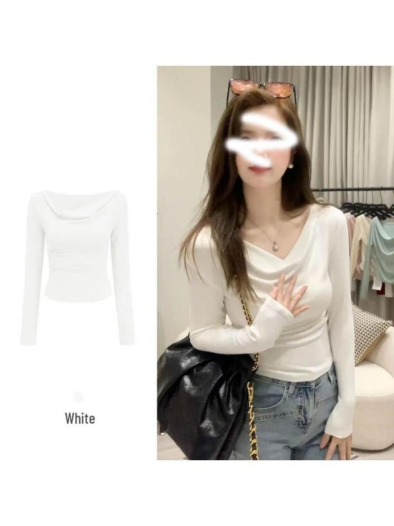 Women's Off-Shoulder Long Sleeve Swing Collar T-Shirt - Slim Fit, Elastic Base Layer for Spring/Summer