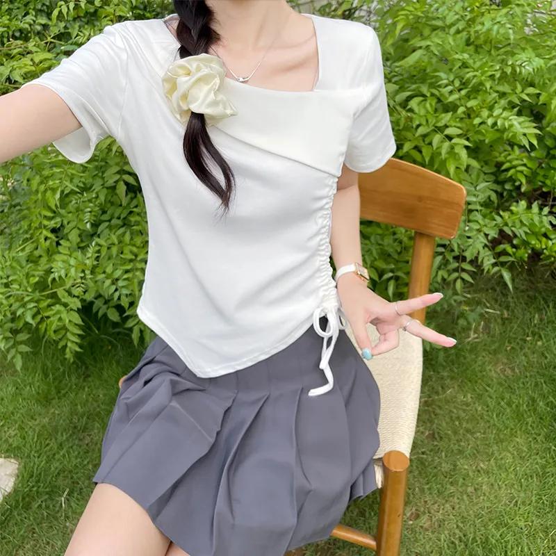 Women's Asymmetrical Neck Drawstring Ruched Short Sleeve Crop Top