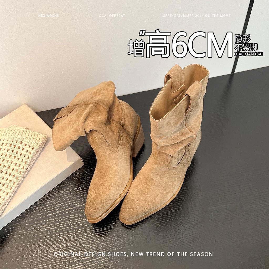 Cowhide~ Inner height increase 9cm pointed pile boots short boots women's high heel retro western cowboy knight boots Martin boots