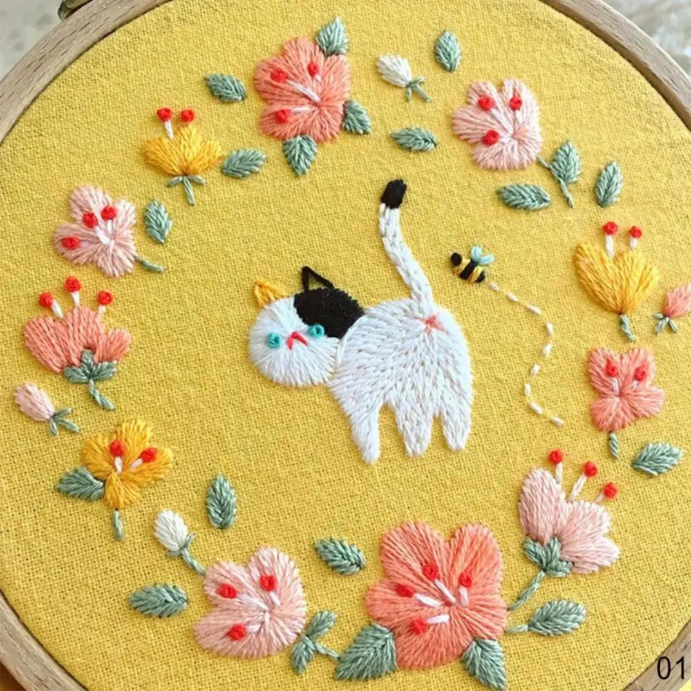 DIY Flower Cat Embroidery Handcraft Needlework Cross Stitch Kit Cotton Embroidery Painting Embroidery Hoop Home Decor