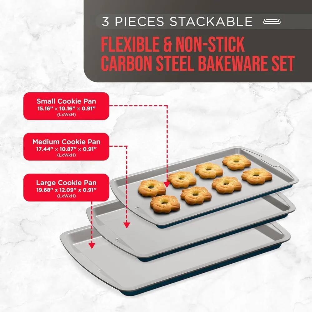 Bakken Swiss Cookie Sheet 3 Piece Set Non-Stick Stackable Baking Pans Deluxe Ceramic Coating – Dishwasher Safe Home Baking