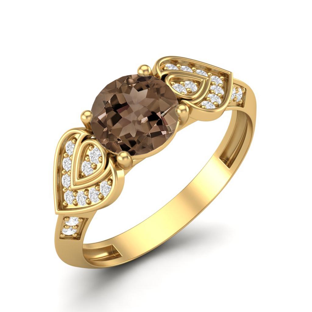 1.11 Ctw Round Smoky Quartz 925 Sterling Silver Gold Vermeil Solitaire Bridal Vine Leaf Women Ring