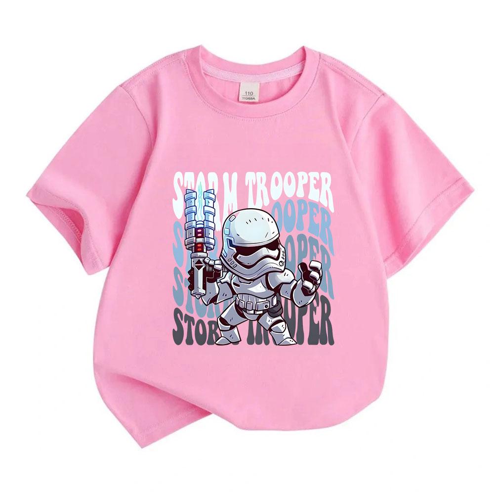 Kids Boys Girls 100% Cotton Crew Neck Short Sleeve T-Shirt, Cute Cartoon Chibi Storm Trooper Print Casual Summer Tee for Daily Wear