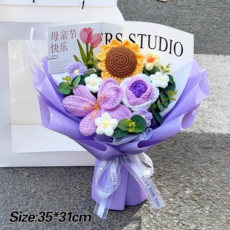 Crocheted Bouquet Artificial Flower Bouquets Colorful Knitted Bouquet Puff Flowers Bouquets Room Decor Party Favor Birthday Gift