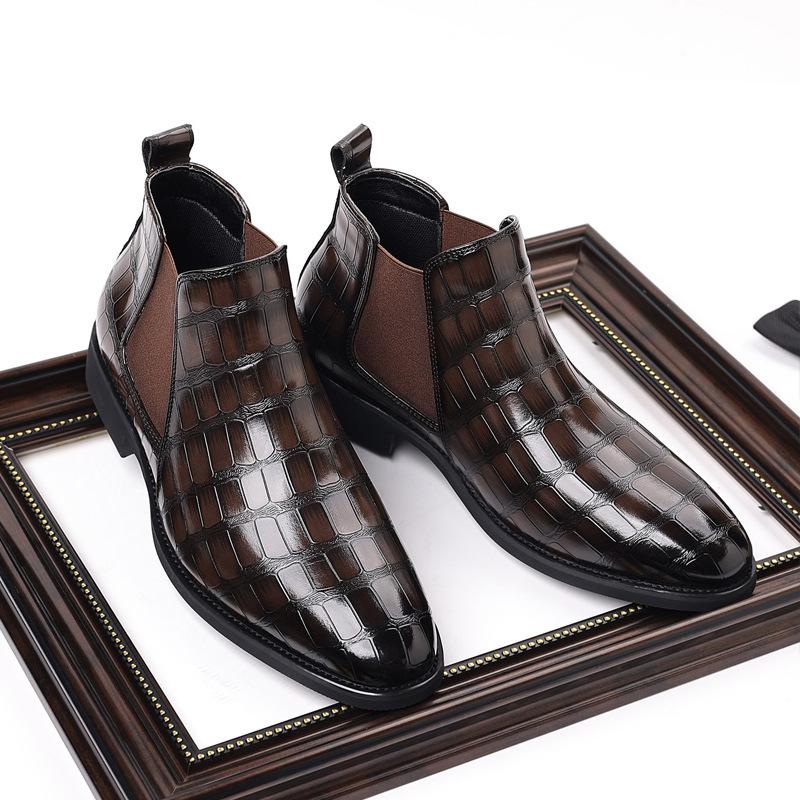 Q88 Chelsea boots men's British style fashion pointed retro crocodile pattern hair stylist casual high-top leather shoes tide