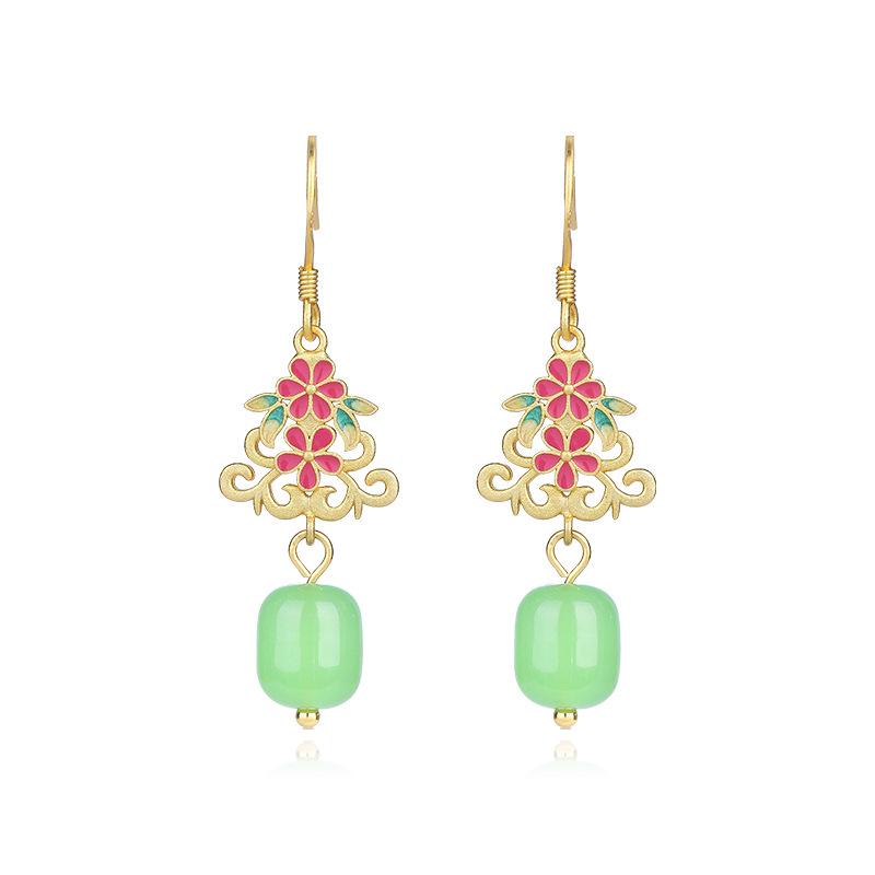 Elegant Wind Flower Enamel Earrings: 925 Sterling Silver, Imitation Jade, Cheongsam Style