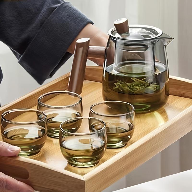 1pc/1set Glass Tea Set Teapot 530ml/17.9oz Tea Cup 90ml/3oz Wooden Handle Teapot Household High Temperature Resistant Tea Maker Tea Kettle Perfect For