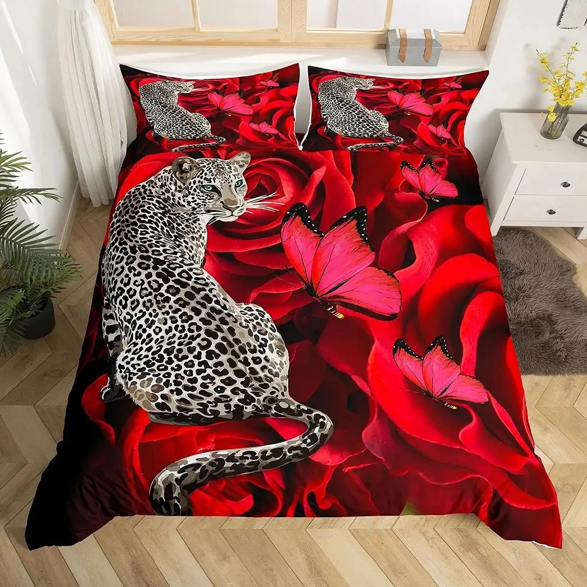 

Leopard Duvet Cover Set Red Rose Bedding Sets Safari Animals Print Comforter Cover Rose Flowers Cheetah Quilt Cover King Size 70x133cm