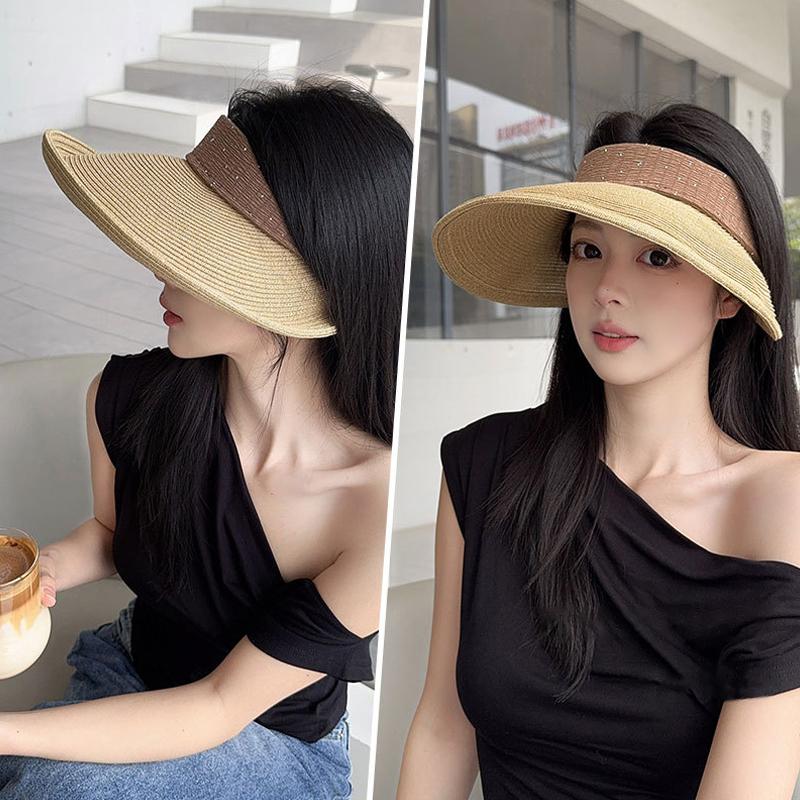 Big Brim Empty Top Straw Hat Women Summer Anti-Uv Protection Sunscreen Sun Hat Foldable Roll Up Shades Outdoor Cycling Beach Cap