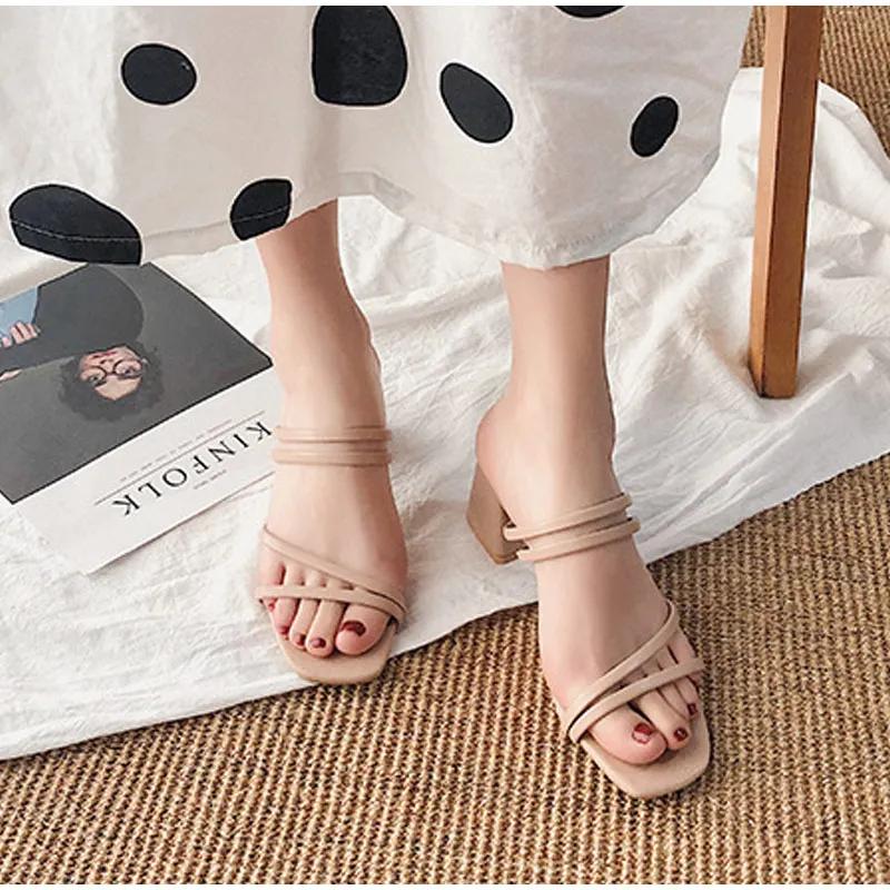 Women Sandals Ladies Square Heels Elegant Summer Slippers Outside Cross Tied Leather Female Slides 2025 Fashion Woman Sandals