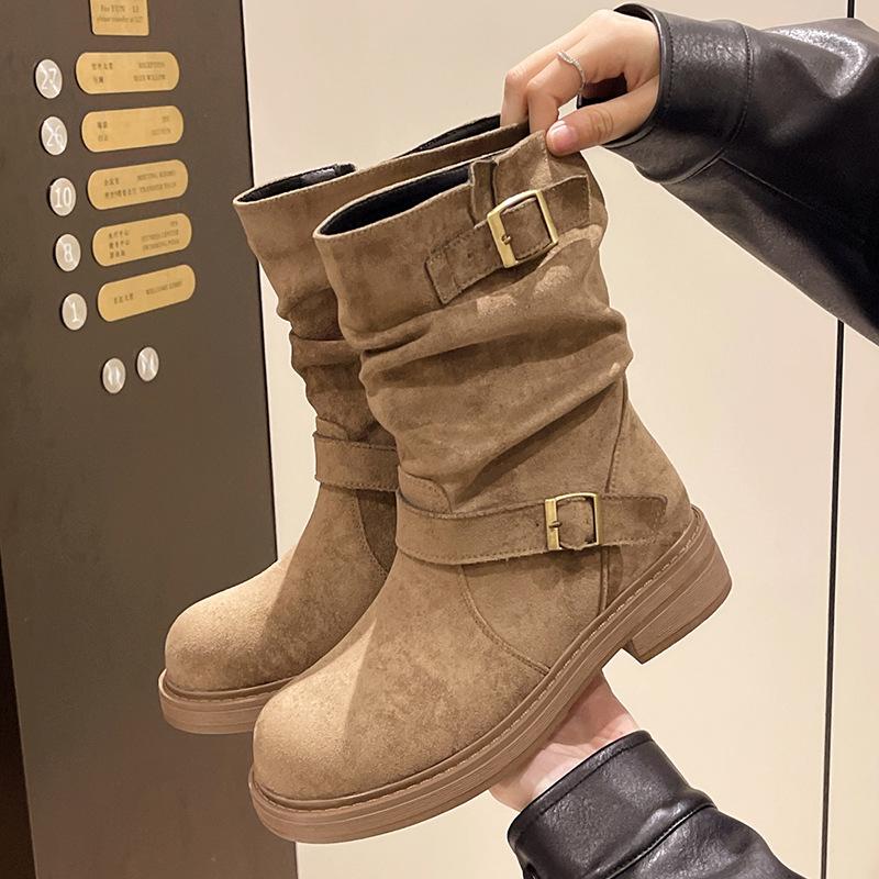 

6051-5 Ретро круглый носок толстый каблук короткие ботинки 2025 осень и зима новые плиссированные ботинки-чулки универсальные ботинки с пряжкой 35 хаки