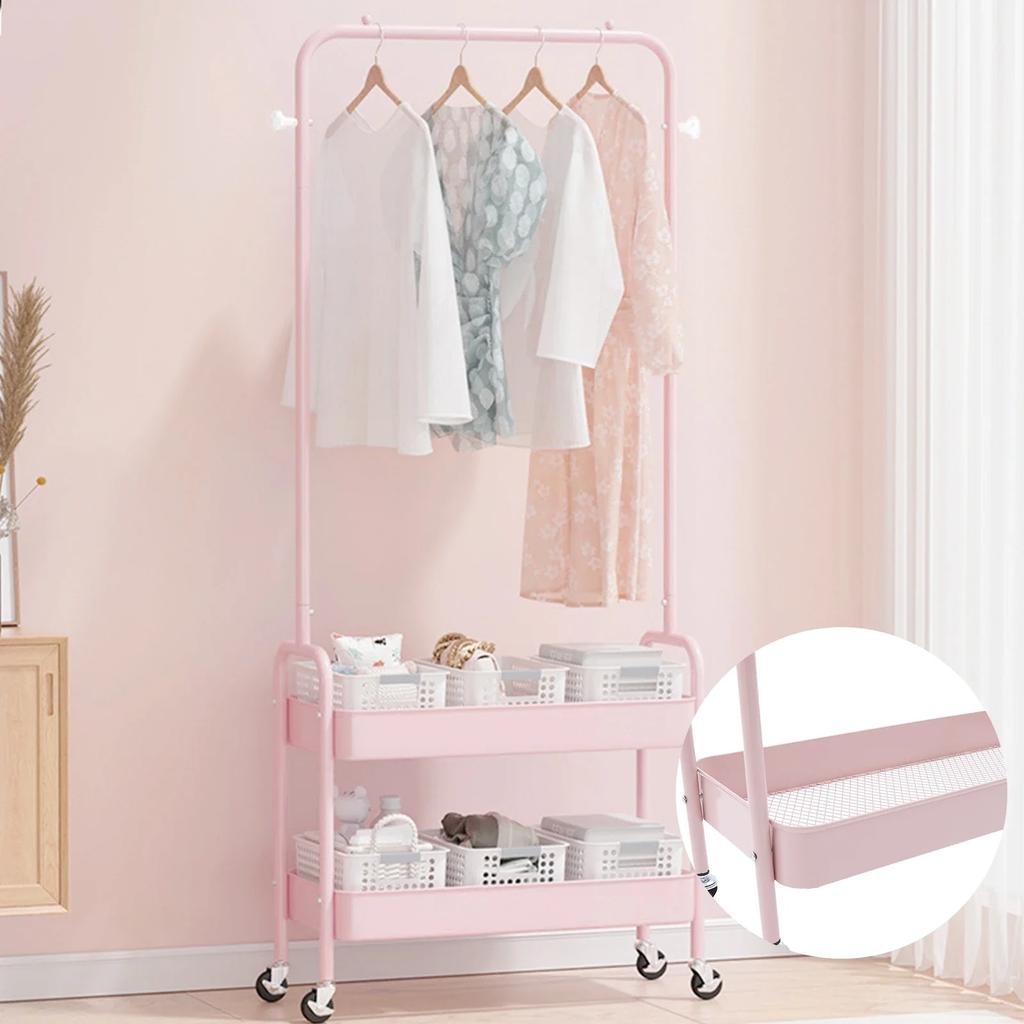 Pink Floor Carbon Steel Hanging Clothes Rack with 2 Baskets,Metal Silent Movable Storage Rack for Laundry Room, Balcony, Bedroom