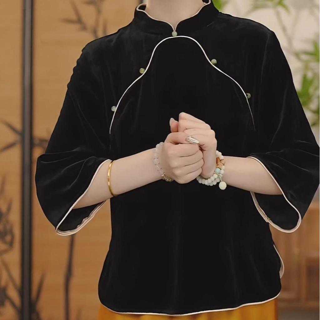 New Chinese Style Gold Velvet Mulberry Silk Women's Autumn Black Base Top Shirt
